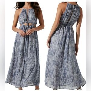 ASTR Cutout Halter Maxi Dress, Blue Snake Print, Medium